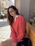 DAIIIBABYYY  -  Korean Women T Shirt 2025 A Niche Contrasting Striped Pullover Spring New American Retro Style Loose Versatile Top