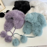 Daiiibabyyy  Plush Pom Pom Laced Up Bomber Hats Women Winter Warm Imitation Mink Ear Pilot Hat Cute Tail Hanging Ball Tether Snow Ski Beanies