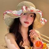 Daiiibabyyy  Women's Cute Sun Hat  Little Cherry Lace Trimmed Straw Hat Girl Summer Beach Vacation Sun Hat Sunshade Kawaii Sun Protection Hat