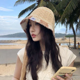 DAIIIBABYYY  -  Korean Fashion Contrasting Color Flanged Bucket Hats Women Summer Travel Versatile Sunscreen Breathable Woven Basin Caps