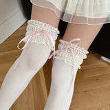 DAIIIBABYYY  -  Sweet Lace Cotton Mid-calf Socks Japanese Lolita Bow Ribbon Lolita Women Short Socks Drawstring JK Cosplay Accessories