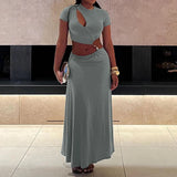 DAIIIBABYYY  -  solid two piece sets for women round neck short sleeveless hollow out tops high waist long skirts elegant set female style