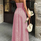 Daiiibabyyy  Women Deep V Neck Color Blocked Striped Vacation Dress Summer Backless Sleeveless Hanging Neck Beach Straps Leisure Long Skirt