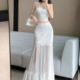 DAIIIBABYYY  -  Black Lace 2025 Summer Sexy Slightly Transparent Mesh Splicing A-line Skirt Versatile Casual Mid Length Hanging Feeling