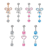 Daiiibabyyy Fashion Minimalist Bowknot Zircon Long Dangle Belly Button Ring Heart Shape Zircon Navel Ring For Women Body Piercing Jewelry
