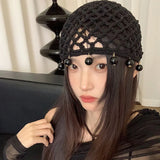 DAIIIBABYYY  -  Solid Color Versatile Handmade Hollow Crocheted Knitted Hat For Women Girls Personalized Beaded Design Hollow Pullover Hat Gifts