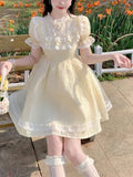 Daiiibabyyy  Spring and Summer French Sweet Bow Lace Embroidered Short Slimming High-Waist Princess Dress for Women