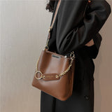Daiiibabyyy Hifashion Wide Strap Bucket Small Crossbody Bags For Women Trend Vintage Designer Shoulder Bags PU Leather Ladies Handbags