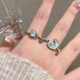 Daiiibabyyy  New Blue Planet Star Moon Rings for Women Zircon Rhinestone Pearl Open Finger Rings Sweet Party Y2K Jewelry 2000S Girls Gifts