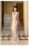Daiiibabyyy  Spring French Sexy Backless Elegant Evening Gown Women Sleeveless Bandeau Ruched Satin Dress Fashion High-end Banquet Gown 2026