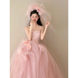 Daiiibabyyy  Pink Strapless Korea Long Wedding Dresses Princess Fairy A-Line Silk Tulle Party Evening Customized Photo Shoot Prom Gowns 웨딩드레스