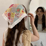 DAIIIBABYYY   -  6 Style Ins Lace Hair Scarf Floral Print Transparent Headscarf Hat Retro Triangle Hair Band Travel Photo Headband Accessories