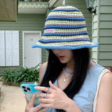 DAIIIBABYYY  -  Korean Fashion Contrasting Stripes Hollow Bucket Hats for Men and Women Summer Travel Sunscreen Versatile Leisure Basin Cap