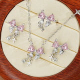 DAIIIBABYYY  -  2024 Fashion Sweet Zircon Bow Necklace Earrings Rings Set Three Pieces Silver Color Elegent Luxury Y2K Jewelry Set Party Gifts ﻿