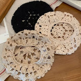 Daiiibabyyy  Hand-knitted Beret Female Japanese Hollow Out Hat Street Women Trendy Hat Literary Retro Fashionable Painter Hat