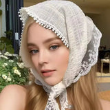 Daiiibabyyy Summer Lace Flower Headscarf Women French Pastoral Style Triangle Hair Scarf Girl Light Sunscreen Headcloth Female Soft Kerchief