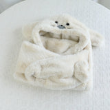 Daiiibabyyy  Simple Fleece Seal Plush Hooded Scarf Cute Solid Color Mask Pullover Hat 3 in 1 Soft Earflap Hat Female/Girls