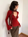 Daiiibabyyy  Retro Spicy Girl Style Niche Instagram High End Lace Patchwork Design Sexy Twisted Hollow Out V-neck Base Shirt