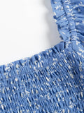 Daiiibabyyy  Retro French Style Blue Floral Print Square Collar Dress Puff Sleeve Elastic Ruched Chest Woman Dresses Holiday Robe Female