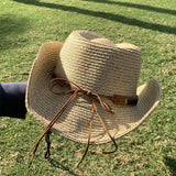 Daiiibabyyy  Vintage Summer Western Cowboy Hats Wide Brim Vacation Straw Cowgirl Hat Hiking Travel Sunscreen Visor Cap Outdoor