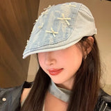 Daiiibabyyy  Korean Bow Rhinestone Decorative Denim Forward Hat Women Spring and Summer Sweet Sunshade Casual Short Brim Flat Top Peaked Cap