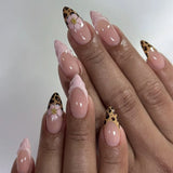 Daiiibabyyy  3D Bowknot Pearl Wearable Nail Art Fashion Leopard French Nude Almond Fake Nails Detachable Finished False Nails Press on Nails