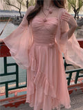 DAIIIBABYYY  -  Women Summer French Elegant Midi Dresses Vintage Folds Solid Ruffle Party Prom Robe Fairycore Neck Mounted New Fashion Dress