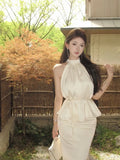 Daiiibabyyy  French Style Satin Halter Cami Top Women Summer High Waist Mermaid Skirt Set Sleeveless Elegant Two Piece Outfit high quality