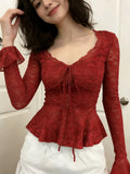 Daiiibabyyy  Sexy Y2k Lace Flower Slim Fit Tshirts for Women 2026 Ropa Mujer V Neck Bandage Cropped Tops Korean Fashion Flare Sleeve T-shirt