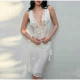 Daiiibabyyy  Lace Trim Tie-Up Corset Top Pencil Skirt Set Slim Fit Sleeveless Midi Length Summer Women Dress Chic Coquette Lady Co-ord