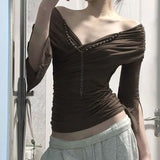 Daiiibabyyy  Beaded Design Low Cut V-neck Pleated One Shoulder Split Half Sleeved Top Sexy Temperament Spicy Girl T-shirt