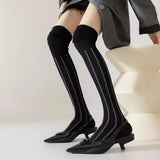 Daiiibabyyy  1pc Loose Mouth Vertical Stripe Stockings Knee-high Stitching Slimming Piled Women's Socks 2025 New Fashion Autumn Winter