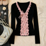 Daiiibabyyy  Y2K American Retro Millennial Flirty Vintage Long Sleeve T-Shirt Lace Fit Flare Slimming Pink Lace Women Top Fall