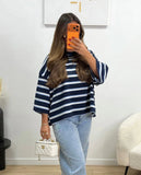 Daiiibabyyy  Women Fashion Contrasting Striped Lace Up Short Sleeved Top Classic O-neck Hollowed Out Loose Tops  Ladies Commute T-shirt
