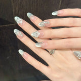 Daiiibabyyy  10pcs Hand-carved 3D Ice Flower Press On Nails Light Blue French Style Cat Eye Handmade False Nail Ins Charm Wearable Fake Nail