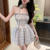 Daiiibabyyy  Princess Style Floral Lace Off-Shoulder Chiffon Dress Women's Summer Sleeveless Waist-Cinched Full Skirt Casual A-Line Dress