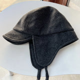 Daiiibabyyy  Autumn and Winter New Plain Weave Ear Protector Baseball Cap Men's and Women's Short Brim Outdoor Warm Riding Woolen Bomber Hats