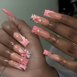 Daiiibabyyy  24Pcs Long Square Head Press on Nails Pink Leopard Print French Design False Nails 3D Bow Detachable Full Cover Fake Nails Tips