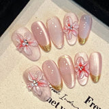Daiiibabyyy  10pcs Glossy Pink Press On Nails Handmade Flash Cat's Eye False Nails 3D Flower Golden Edge Designs Fake Nail Tips For Women