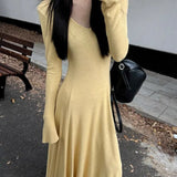 Daiiibabyyy  French Knitted Long Dress Coat Women's Early Spring Design Waist Cinching Gown Elegant Classy A- Line Skirt