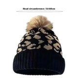 Daiiibabyyy  Trendy Thickened Leopard Print Hat Cozy Curled Edge Wool Ball Hat Warmth Knitted Hat Autumn Winter Outdoor Wear