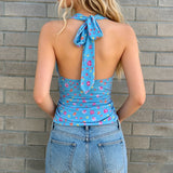 Daiiibabyyy  Blue Floral Halter Top Deep V Neck Ruched Sleeveless Backless Crop Blouse Summer Chic Lady Fashion Casual Streetwear Tops