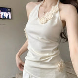 Daiiibabyyy  Sweet Three-dimensional Flower Halter Vest for Women in Summer Design Slim Base Sweet and Spicy Back Top