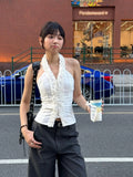 DAIIIBABYYY  -  Y2k Aesthetic Halter Sexy Ruffled Tanks Women Harajuku Solid Single Breasted Camisole Streetwear Summer Vintage Cropped Tank Top