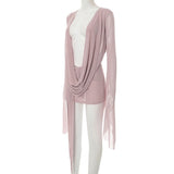 Daiiibabyyy  Mesh Sheer Sexy Open Back Swinging Neck Draped Folds High Waisted Big Swing Long-sleeve Mini Dress For Women Beach Clubwear