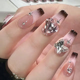 Daiiibabyyy 24pcs Rhinestone Design Fake Nails Sparkling Diamond Pink Heart-shaped False Nails Wearable Full Cover Nail Tips Press on Nails