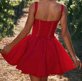 Daiiibabyyy  Sexy Bow Ruched Chest Spliced Lace Sling Dress Woman Cross Lacing up Bandage Back Low Waist Swing Short Vestidos Robe Red