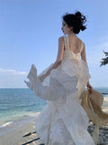 DAIIIBABYYY  -  French First Love Strap Heavy Duty Lotus Leaf Edge Dress Summer Vacation White Embroidered Super Fairy Long