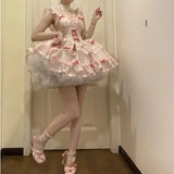 DAIIIBABYYY  -  Japan Lace Ruffle Bowknot Organza Pink Puffy Bubble Sleeves Lovely Lolita Princess Dress Cross Dresser Sissy Maid Role Play