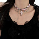 Daiiibabyyy  Y2K White Zircon Cross Pendant Necklace for Women Exquisite Leather Rivet Star Tassel Choker Vintage Punk Versatile Jewelry Gift